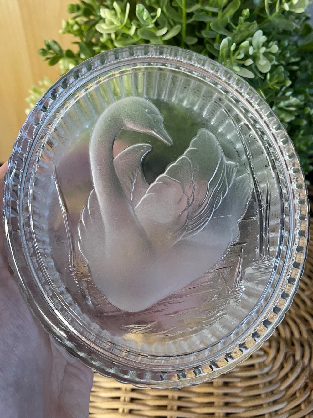 Clear Vtg Etched Glass Swan Trinket Dish